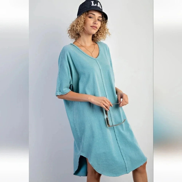 New! Easel Blue Mineral Washed Terry Knit Tunic T-shirt Dress - Picture 3 of 6